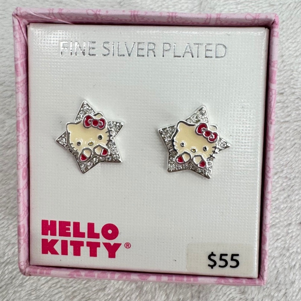 New! Hello Kitty Stud Earrings Fine Silver Plated Crystal Star Sanrio Gift $55